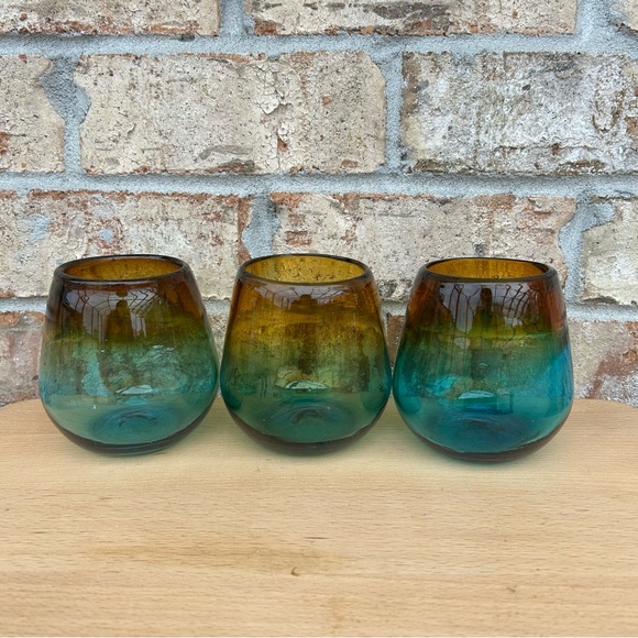 3 Stemless Hand Blown Art Recycled Glass Amber Sea Blue Thick Drinking Glasses - Picture 6 of 12
